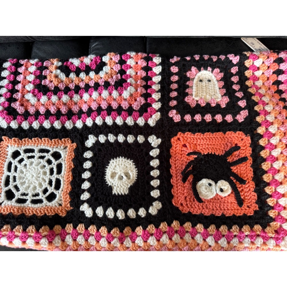 Handmade Crochet Halloween Granny Square Throw Blanket Ghost Skull Spider Pink